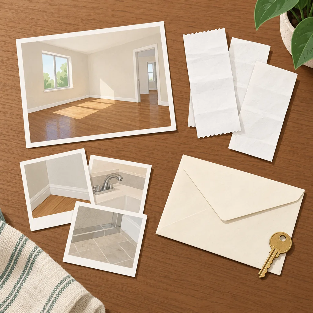 Concept illustration of move-in and move-out condition photos organized with dated rental records and repair documentation