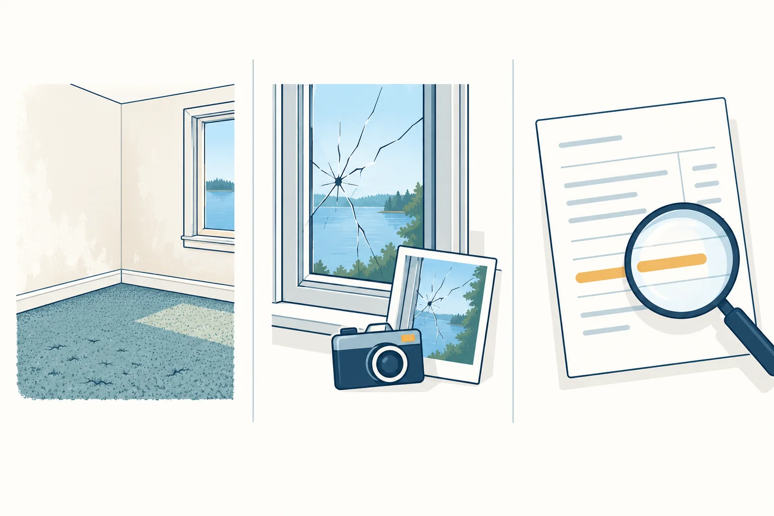 Illustration mit normaler Abnutzung, dokumentiertem Fensterschaden und ungeklärter Abrechnungsposition.